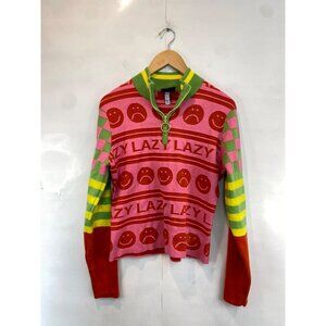 Lazy Oaf Zip-Neck Pullover Jumper Sweater Women's Size US 10 Pink Red Green